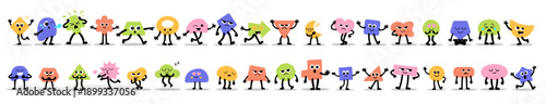 Geometric figure characters with expressive faces and hands, funny cute shapes in action. Each geometric figure face moves and shows feeling.