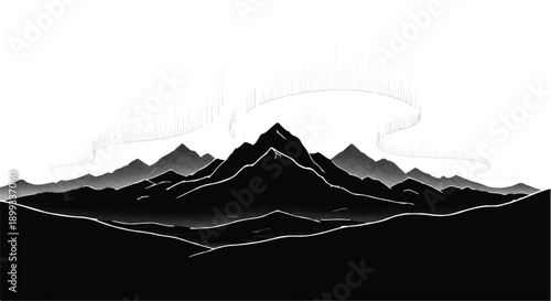 Majestic mountain range under the ethereal glow of the aurora borealis.