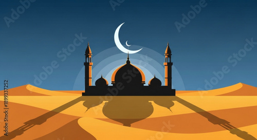 Mosque in Desert Landscape under Crescent Moon at Night, Islamic Architecture, Vector Illustration