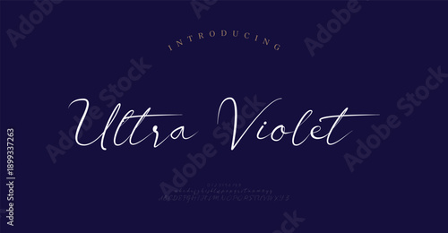 Ultra Voilet, Script Font Uppercase Lowercase and Number. Classic Lettering Minimal Fashion Designs. Typography modern Serif fonts regular decorative vintage concept.
