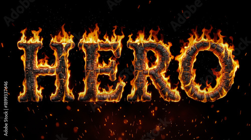 A cinematic illustration of the word Hero created with burning coal textures and vibrant orange flames against a dark background with floating sparks. Generative AI.