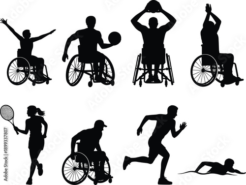 Disabled athlete silhouette set with wheelchair sports activities, inclusive fitness strength motivation concept, adaptive training lifestyle, flat vector illustration