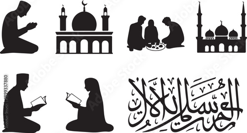 Islamic culture vector set, prayer and Quran reading, mosque architecture, family iftar, Eid Mubarak calligraphy, religious lifestyle, black silhouette design