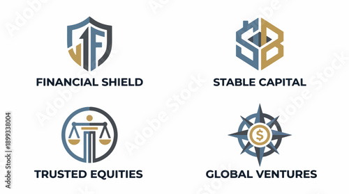 Abstract vector logos embodying diverse financial principles asset security, capital stability, market trust, and international business expansion