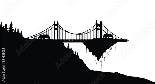 Majestic suspension bridge crosses a dramatic cliffside waterfall, connecting two landscapes.