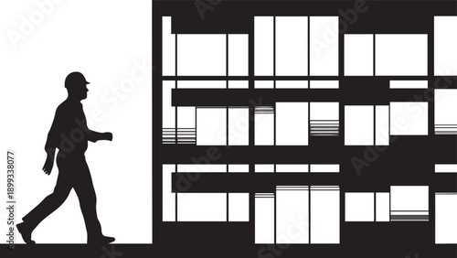 Construction worker walking past modern building exterior silhouette vector illustration