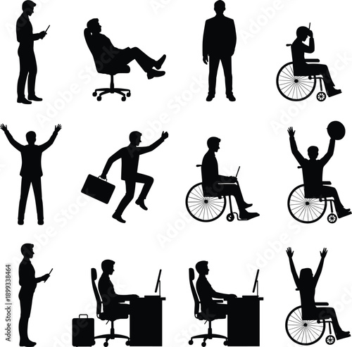 Inclusive silhouettes in diverse activities, professional and recreational poses, mobility and lifestyle representation, workplace and community theme, flat vector illustration