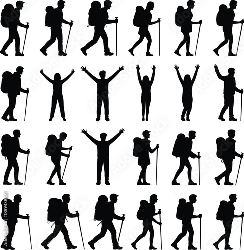Hiking people silhouette set showing backpackers walking with trekking poles and celebrating success, outdoor adventure journey concept, isolated flat vector illustration