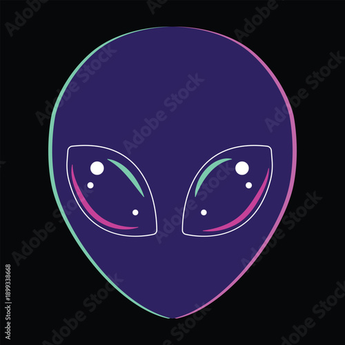 Stylized Purple Alien Head with Neon Pink and Cyan Glitch Effect on Black Background