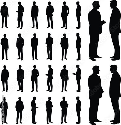 Business men silhouette set showing professional male figures standing and talking, corporate communication and negotiation poses, isolated flat vector illustration