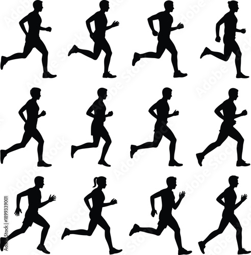 Running people silhouette set showing male and female athletes in side view motion, fitness training and jogging poses, isolated flat vector illustration