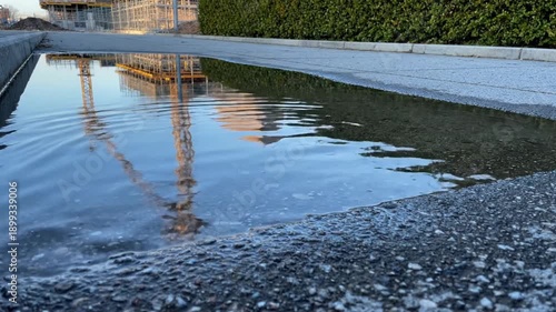 Wallpaper Mural Crane Reflection Ripples In Urban Puddle Closeup. Torontodigital.ca