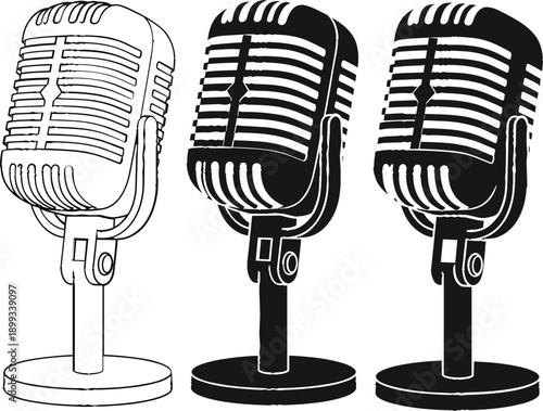 Vintage Professional Podcast Microphone Set with Outline and Solid Silhouette Styles for Radio Broadcasting, Recording Studio, and Vocal Performance