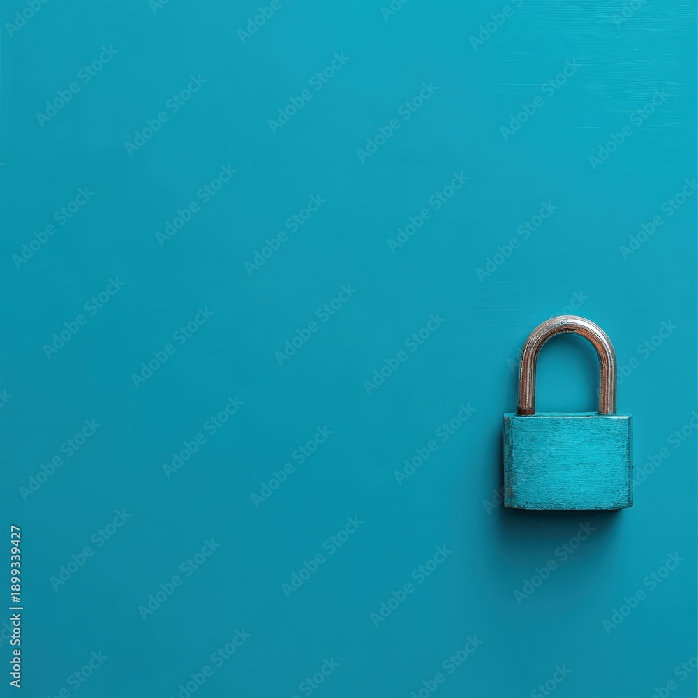 Fototapeta premium Blue Padlock on Bright Blue Wall with Minimalist Style for Security and Safety Concepts