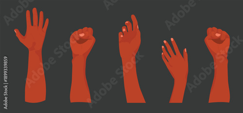 Black Lives Matter. Multiracial human hands raised with sign boards for black history month on a grey background. Black People Rights, and human rights. Black History Month vector illustration.