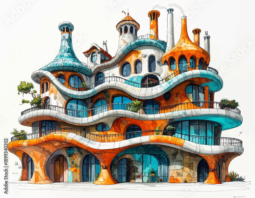 Horizontal stacked fantasy architecture vector orange gold turquoise