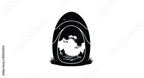 Mysterious glowing portal shaped like an egg, opening to a dreamlike sky and path.