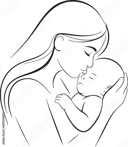 Mother and baby stylized vector symbol, mom hugs her child logo template