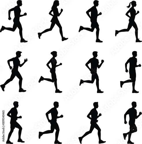 Running people silhouettes collection male and female athletes jogging poses black flat vector illustration isolated white background