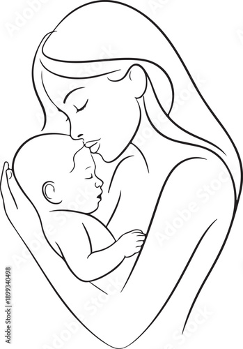 Mother and baby stylized vector symbol, mom hugs her child logo template