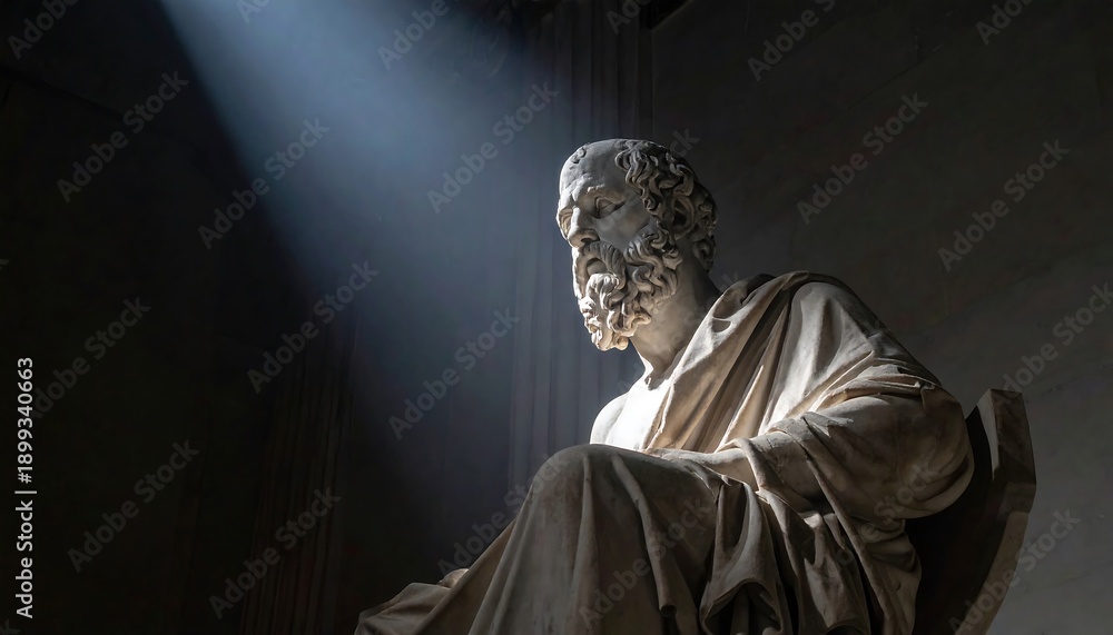 Obraz premium Ancient Greek Philosopher Statue Illuminated by Dramatic Spotlight.