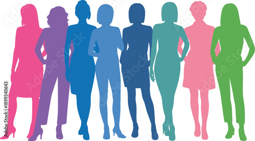 Colorful women silhouettes illustration, diverse female figures standing confidently together symbolizing empowerment, diversity, fashion, inclusion concept flat vector design