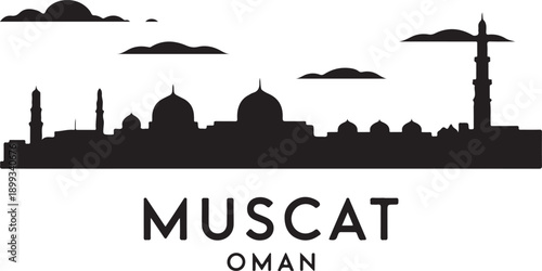 Muscat oman skyline silhouette isolated on white background, capturing the citys architectural beauty, cultural heritage, and middle eastern charm in detail