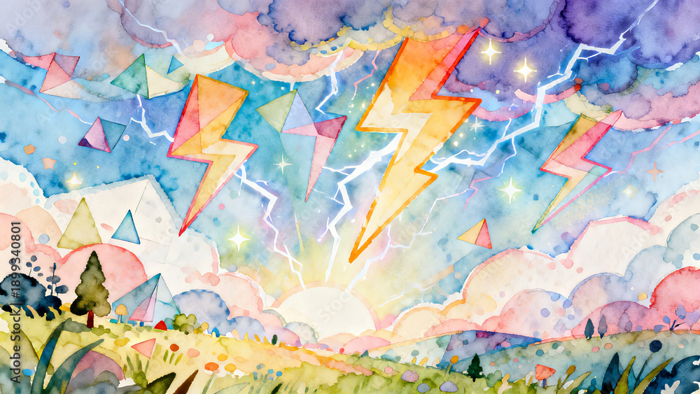 Fototapeta premium Vibrant Geometric Thunderbolts Striking Through Pastel Clouds at Sunset ,Surreal Nature Scenery with Stylized Lightning Strikes and Meadow View