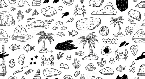 Fish, Crabs, and Palms on White Background