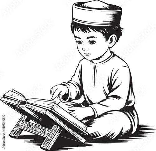 Muslim boy reading Koran. Sketching vector religion illustration