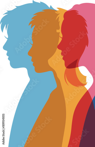 Layered human profiles in rainbow colors, diversity and unity concept, individuality and inclusion theme, stylized silhouette design, flat vector illustration