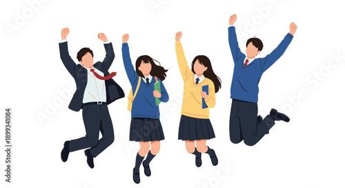 Group of joyful students in school uniforms celebrate their academic success by jumping high into the air against a clean white background.