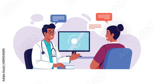 Professional male doctor in a white lab coat discusses medical results with a female patient during a consultation in a modern hospital office.