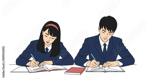 Pair of diligent students in school uniforms sit at a desk and focus on writing in their notebooks during a quiet study session or exam.