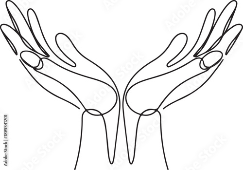 One line hand drawing. arms reaching up, an Islamic praying and a symbol of faith mosque. The concept of a religious image of a Muslim