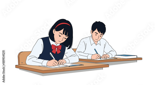 Pair of students in school uniforms sit at separate wooden desks and concentrate deeply on writing in their notebooks during a school lesson.
