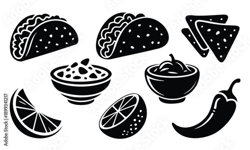 Cinco de mayo silhouette tacos nachos guacamole and chili