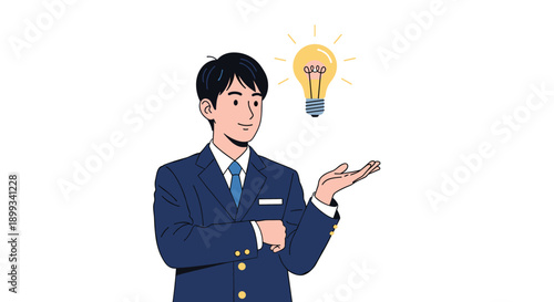 Young male student in a school uniform gestures towards a glowing light bulb icon to represent a sudden creative idea or academic discovery.