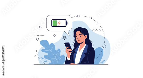 Concerned businesswoman in a dark suit looks at her smartphone screen which displays a low battery warning icon in a speech bubble above.