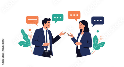 Businessman and businesswoman in professional suits engage in an active discussion with colorful speech bubbles representing their dialogue.