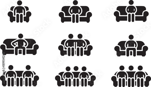 People Sitting on Chair Sofa. Pictogram depicts man and woman sitting on couch