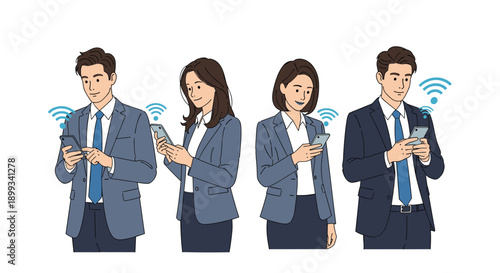 Group of four business professionals in suits stand in a row and use their smartphones connected to a wireless wifi network for work.