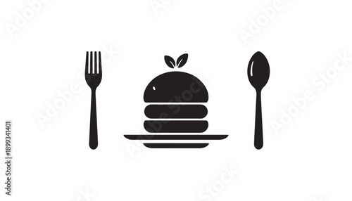   
Silhouette of plated food with fork and spoon icon representing dining meal service isolated on white for culinary design