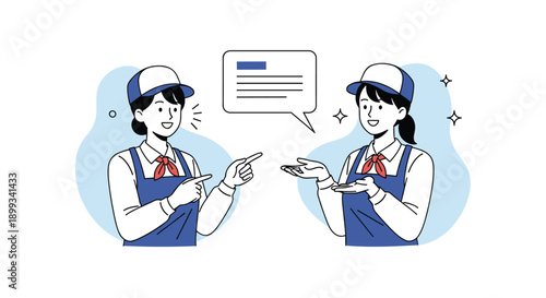 Two female service staff in blue uniforms talking while one points and the other gestures towards a large floating speech bubble icon.