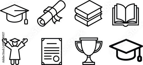 Education graduation icon set with diploma books certificate trophy and mortarboard symbols, academic achievement learning concept, flat vector illustration