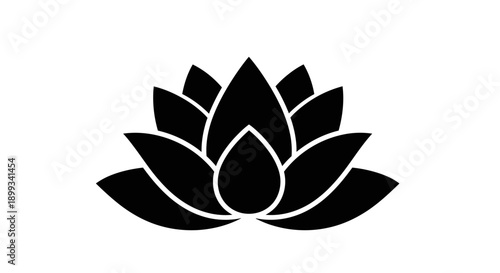 Stylized black lotus flower icon on a white background, representing peace, purity, and spiritual awakening.