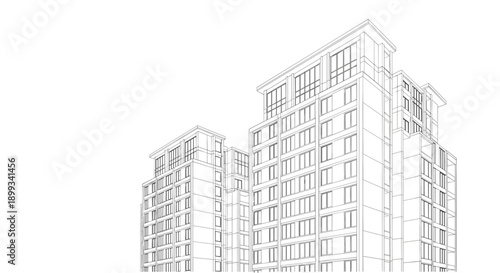 Minimalist black and white architectural line drawing showing the perspective view of several modern high-rise apartment buildings under a clear sky.