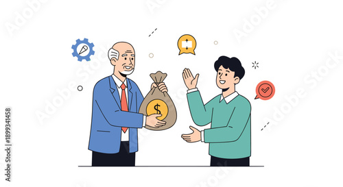 Elderly man in a professional suit handing over a large sack of money with a dollar sign to a happy young man against a white background with icons.