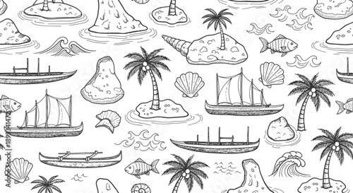 Sketch Art, Tropical Islands and Boats, Beach Scene, Illustration Style
