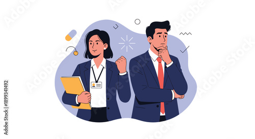 Professional man and woman in business suits standing together with thoughtful and determined expressions against a light blue abstract background.
